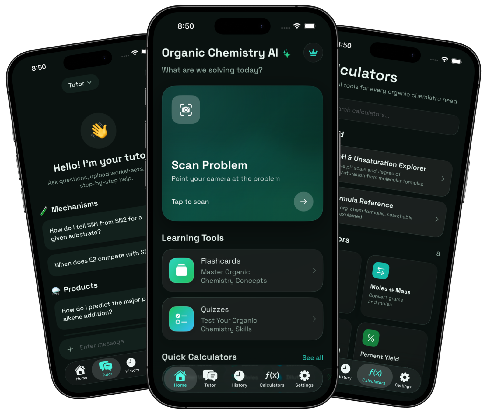 Organic Chemistry AI on three iPhones — Home, Tutor, and Calculators in dark mode