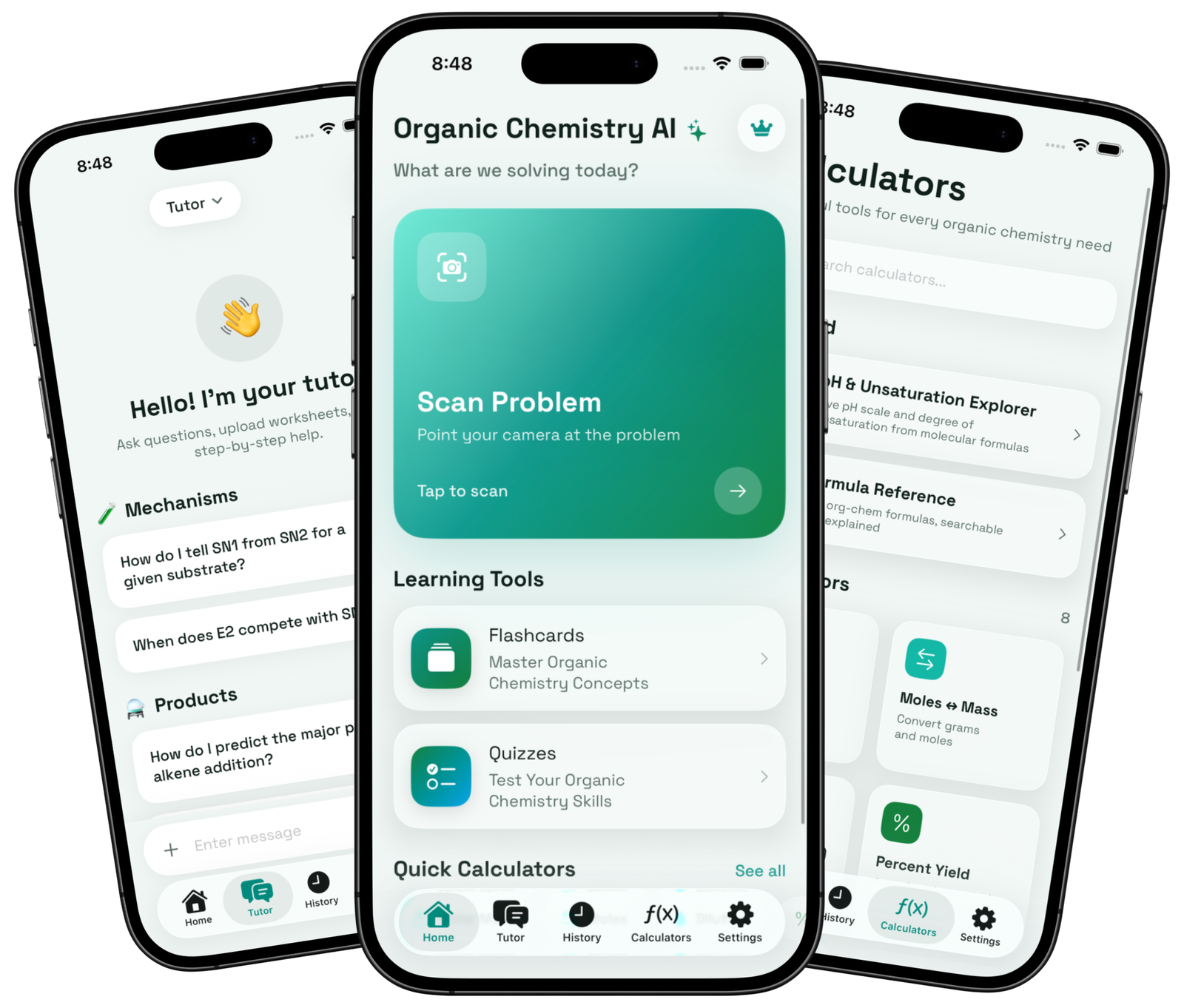 Organic Chemistry AI on three iPhones — Home, Tutor, and Calculators in light mode