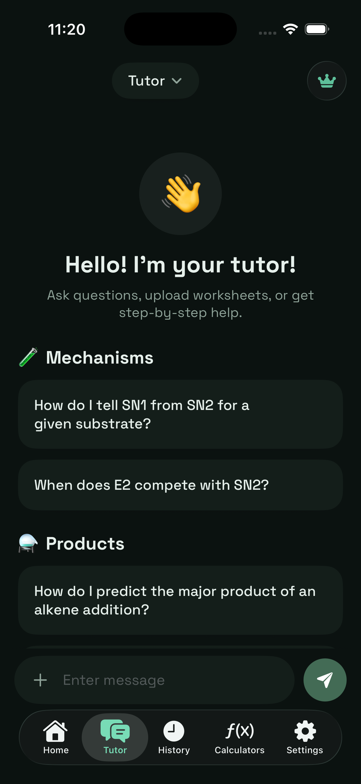 AI Tutor screen in dark mode