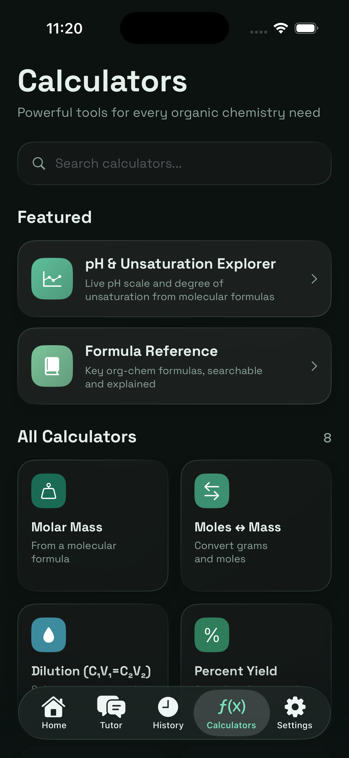 Calculators screen in dark mode