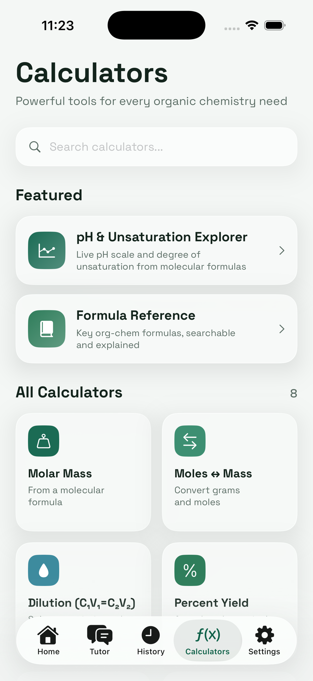 Calculators screen