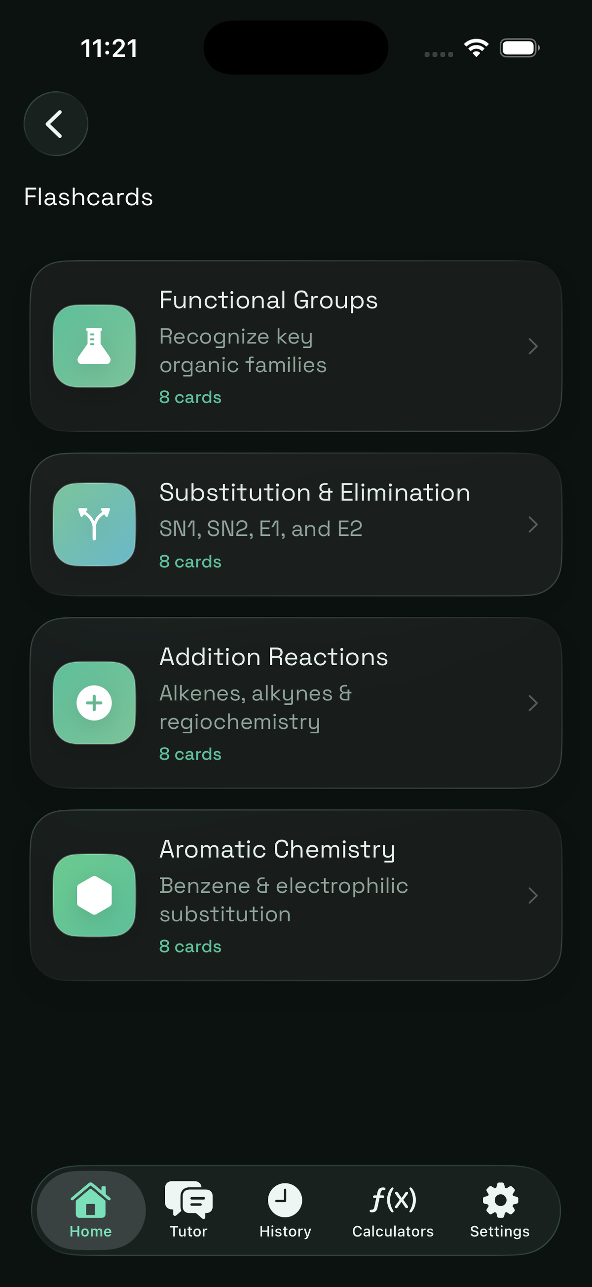 Flashcards screen in dark mode