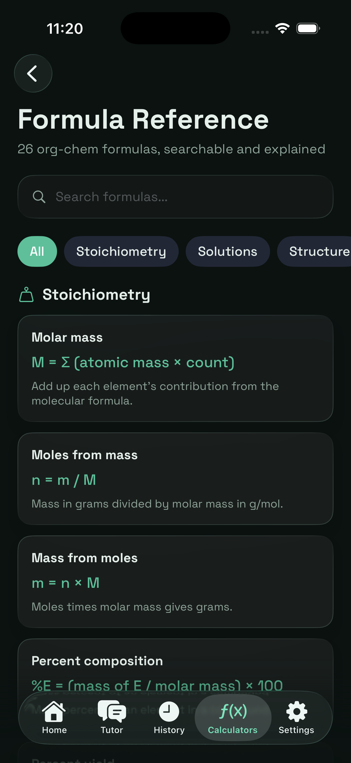 Formula reference screen in dark mode