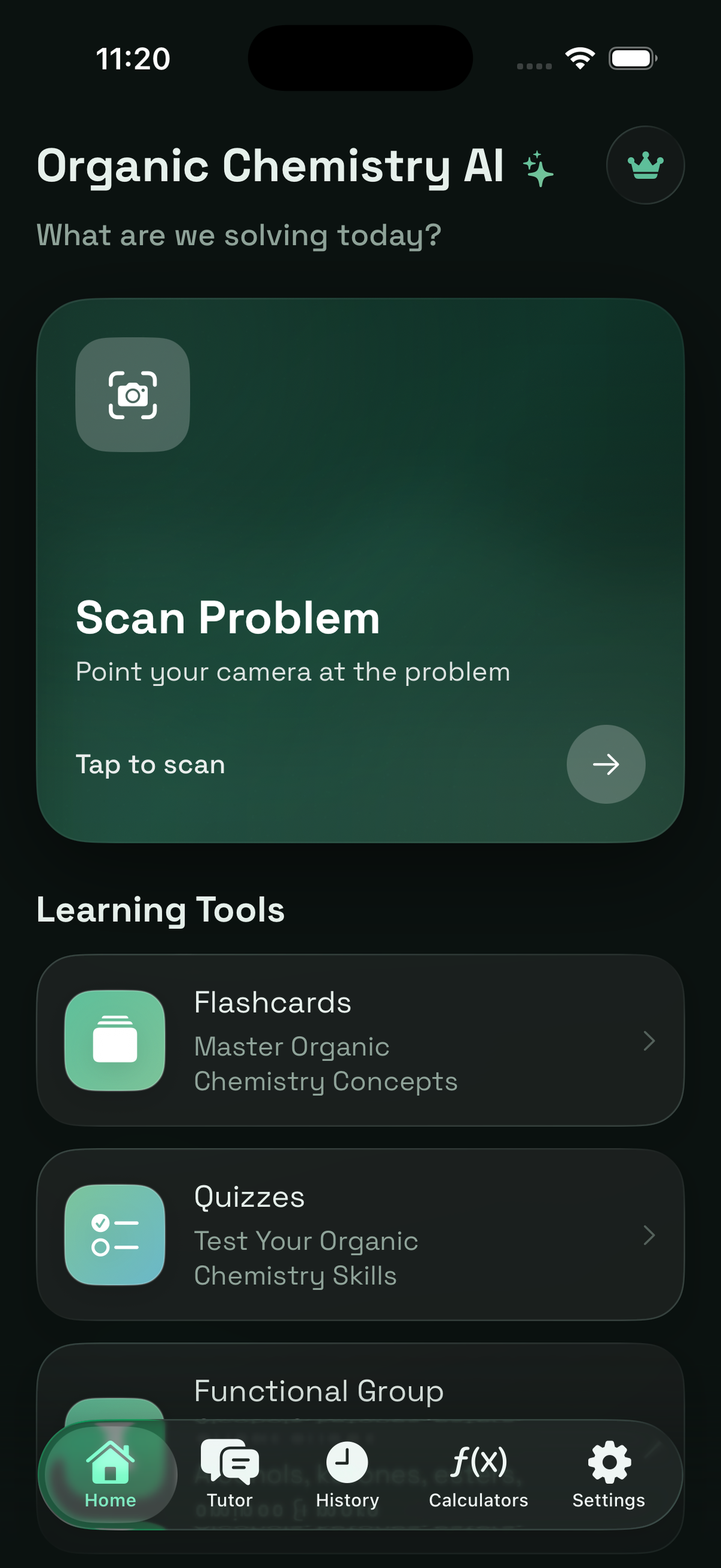 Organic Chemistry AI home screen in dark mode
