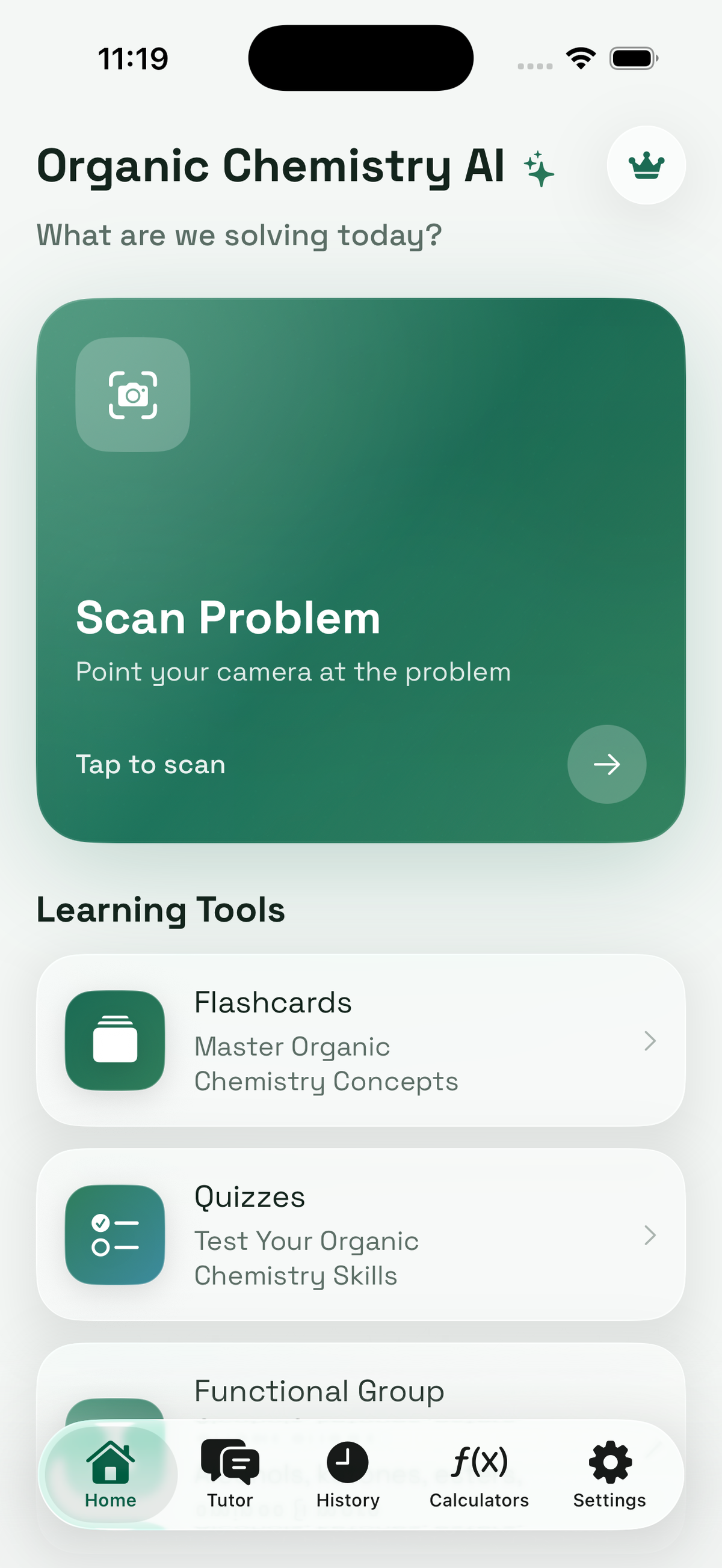 Organic Chemistry AI home screen in light mode