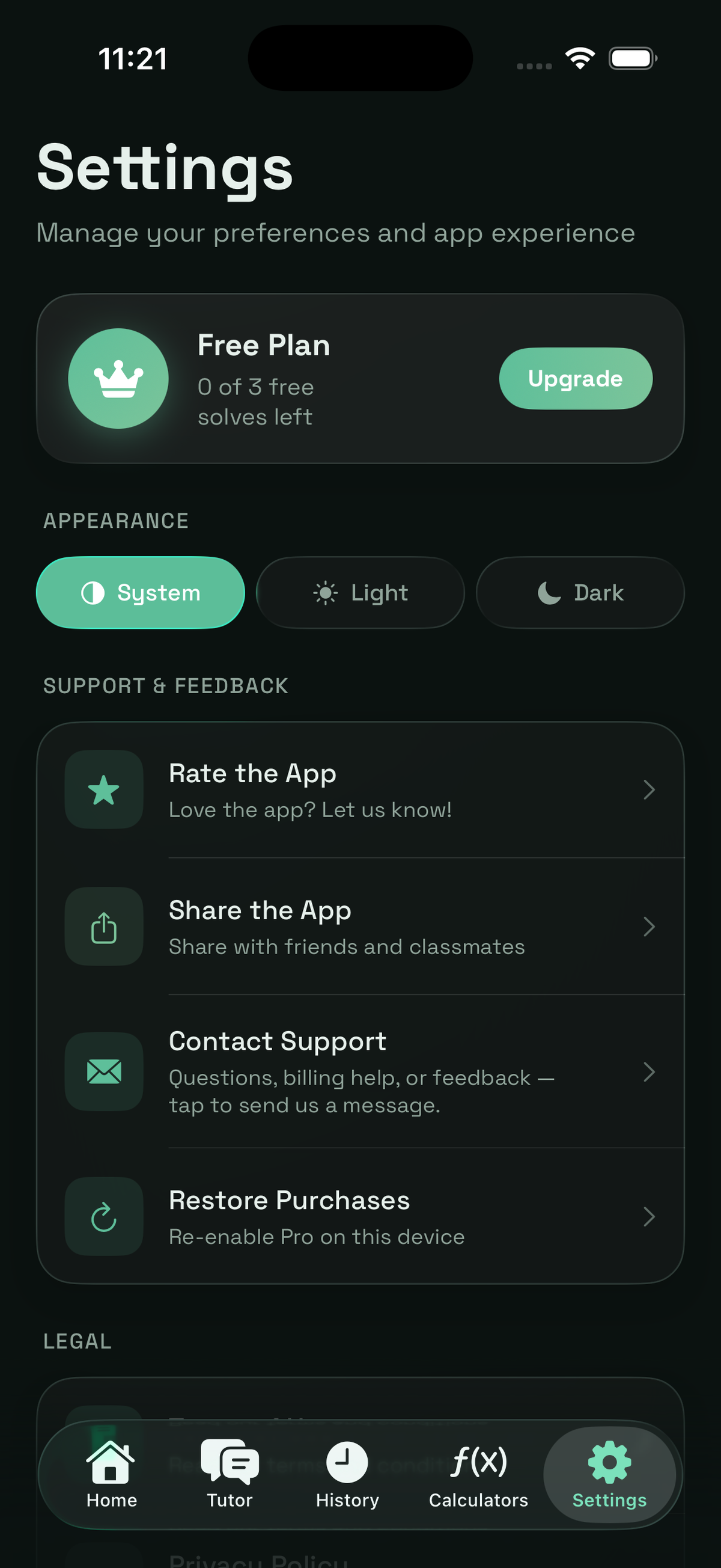 Settings screen in dark mode