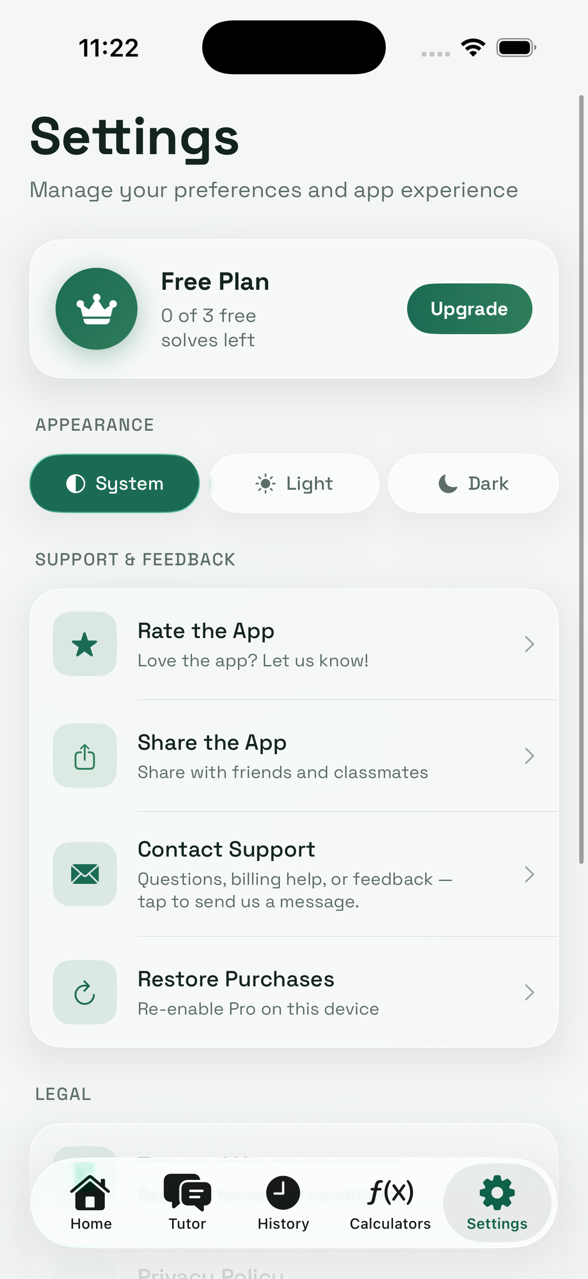 Settings screen